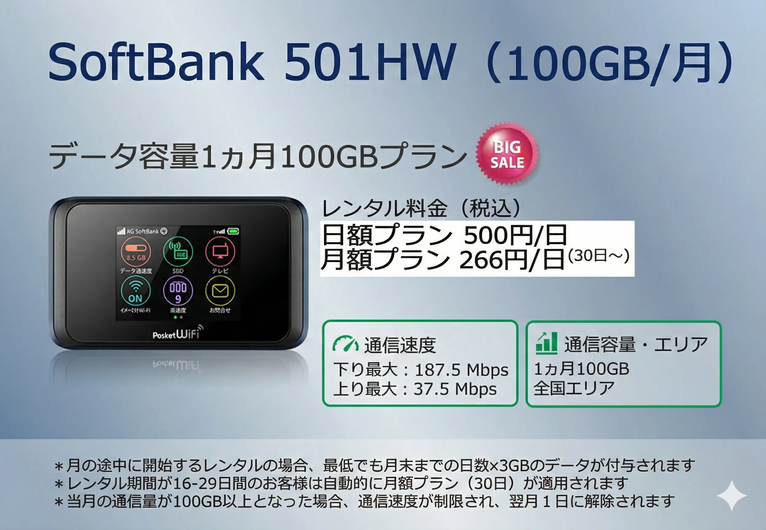 501HW(100GB/月プラン)ポケットWiFiレンタル