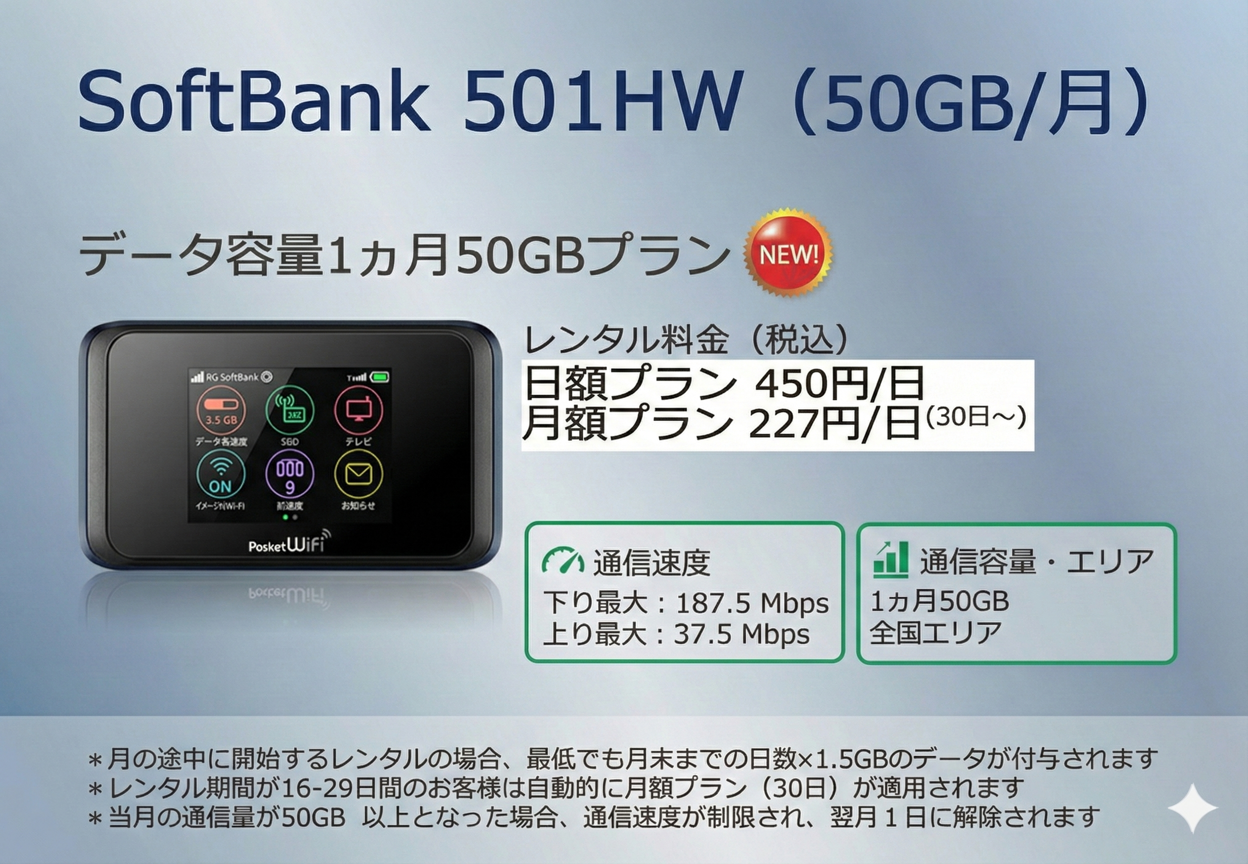 501HW(50GB/月プラン)ポケットWiFiレンタル