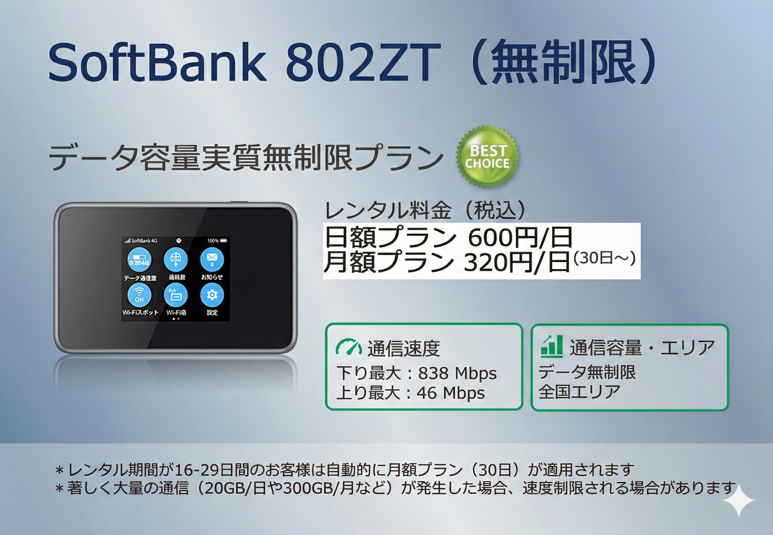 データ無制限対応802ZT ポケットWiFiレンタル